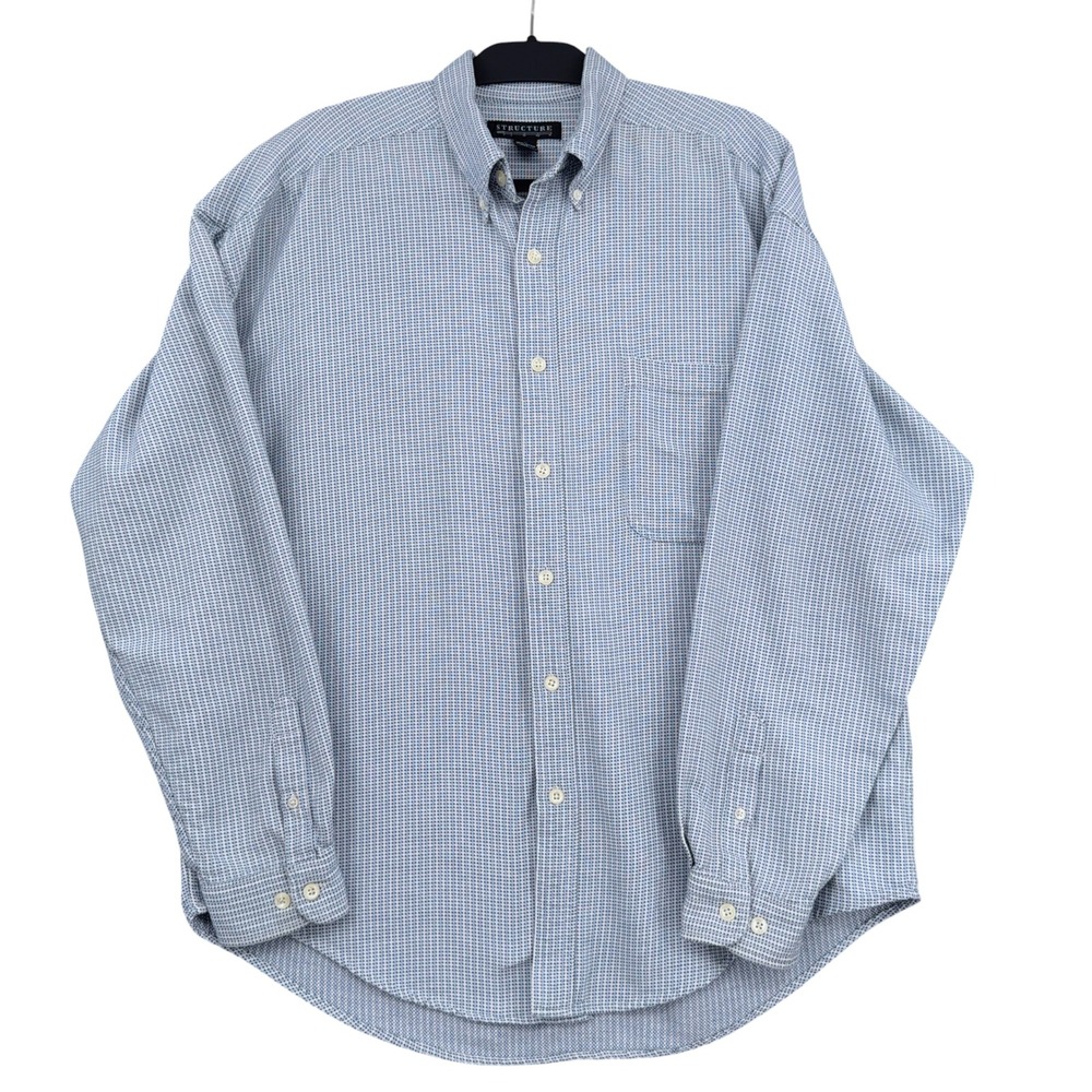 Structure Button Down Men L 100% Cotton Blue White Geometric Shirt
